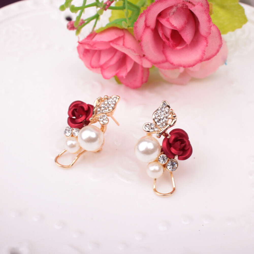 Red Rose Stud Earrings Floral Crystal Rhinestone Pearl
