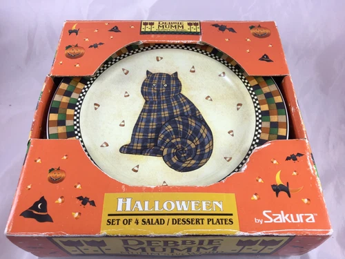 Sakura Debbie Mumm Halloween Party Cat JOL Owl Salad Dessert Plate Plates Set 4