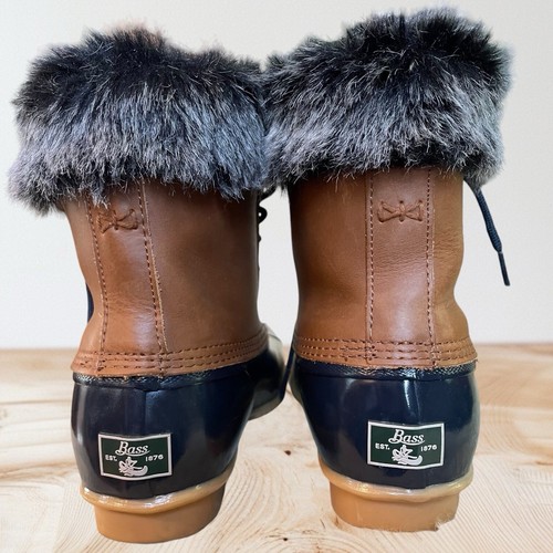 Bass Harlequin Winter Duck Boots Black Sz 9 Womens Leather Rubber Faux Fur Trim - Picture 7 of 12