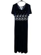 Vintage Another Thyme Blue Velvet Maxi Dress Embroidered Flowers Size 10
