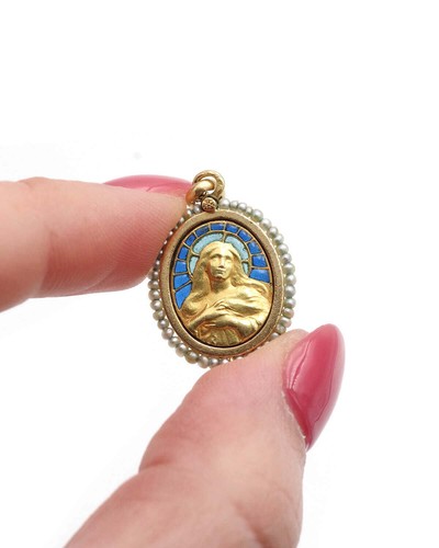 Médaille Art Nouveau Vierge Marie en or 18 karats, pendentif religieux, communio - Imagen 3 de 6
