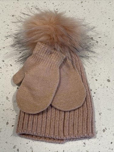 toddler Hat Gloves Set Pink Gold Glitter Faux Fur Pom Beanie Girls One Size