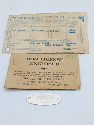 Vintage 1946 Hamilton County Cincinnati, OH Dog License Tax Registration, Tag 