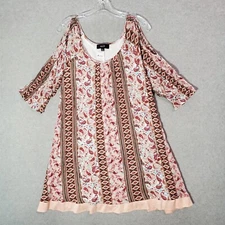 Naif Women Top Large Pink Paisley Cold Shoulder Blouse Tunic 3/4 Sleeve Lined