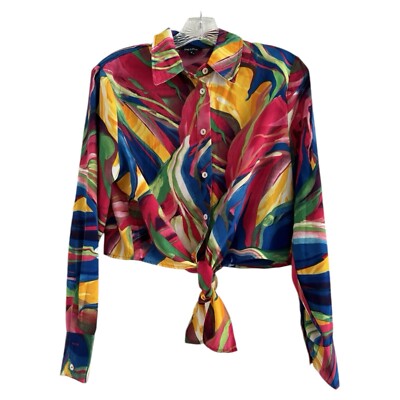 ONE N MORE Women s Multicolor Tropical Print Button Up Tie Front Blouse-MEDIUM