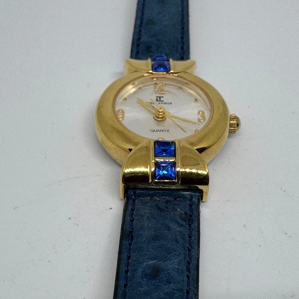 Ted Lapidus 瑞士石英表女式金色蓝色水晶皮革全新电池 — 第 2/4 张图片