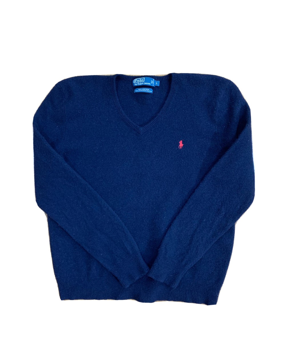 Polo Ralph Lauren Men's 100% Lambs Wool V Neck Navy Blue Sweater