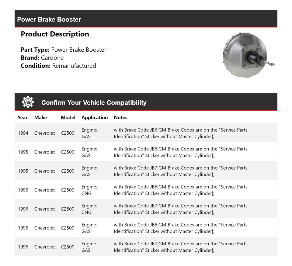 适用于 1994 - 1996 雪佛兰 C2500 动力制动增强器 Cardone 1995 — 第 2/4 张图片