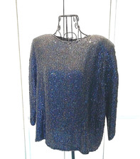 Vintage Black Top Iridescent Sequin Holiday Evening Wear Blouse/Shirt WMN Large