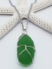 Real Genuine Emerald Green Sea Glass Silver Wire Wrapped Pendant Necklace