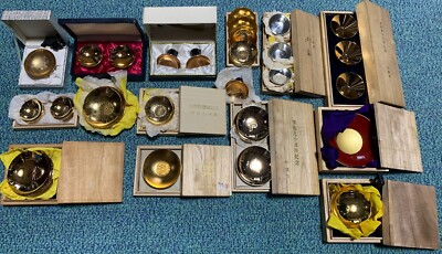 Sake Gold Plated 24K Sakazuki Cup Set Rare Vintage Japan Lucky