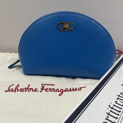 Authentic SALVATORE FERRAGAMO Blue leather pouch bag with duster