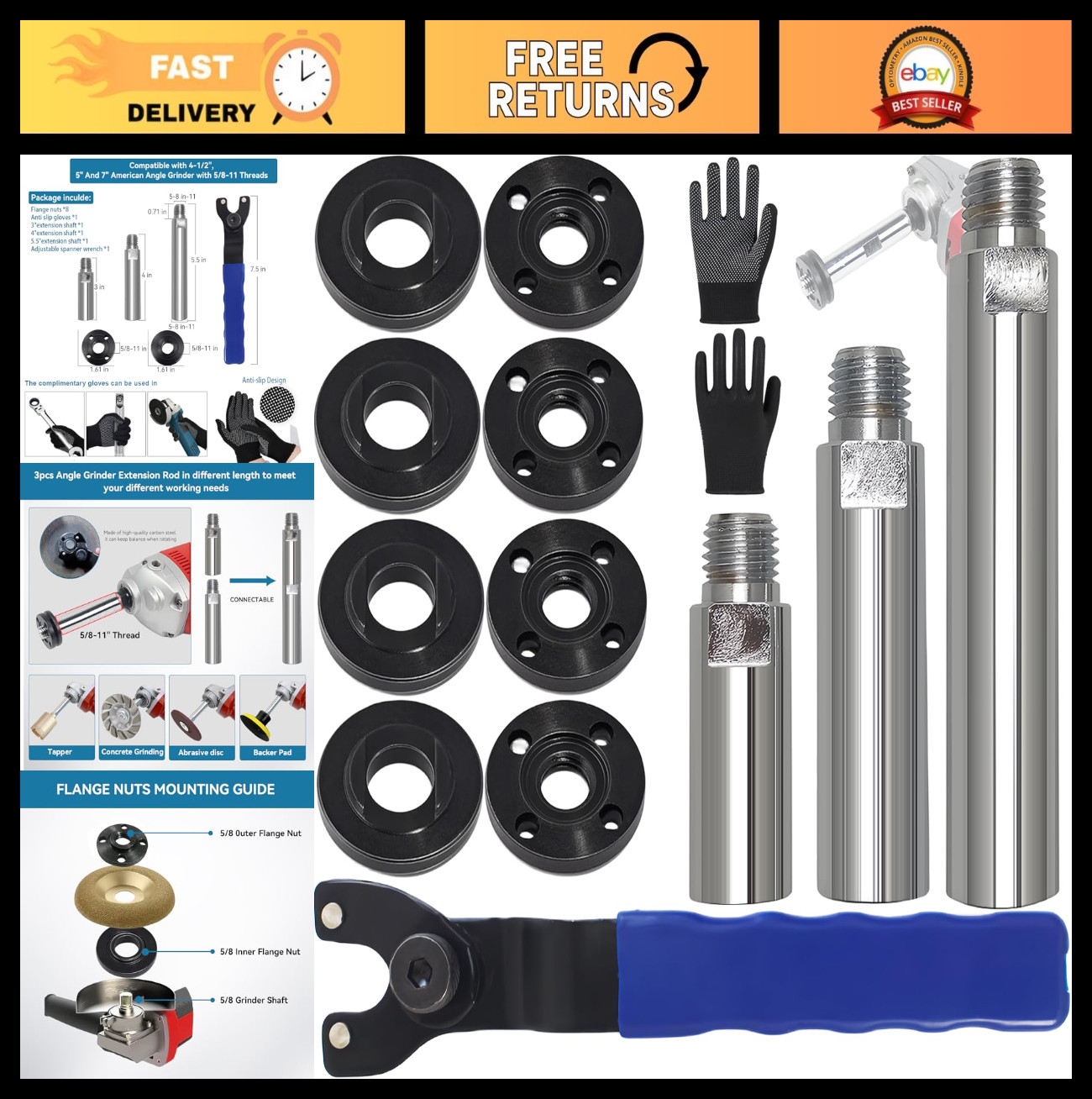 "14pcs Angle Grinder Extension Shaft Kit, 5/8"-11 Thread, Power Tool Attachments