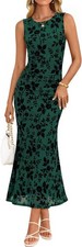 Womens Sleeveless Floral Bodycon Maxi Dress Mesh Ruched Summer Party Dresses