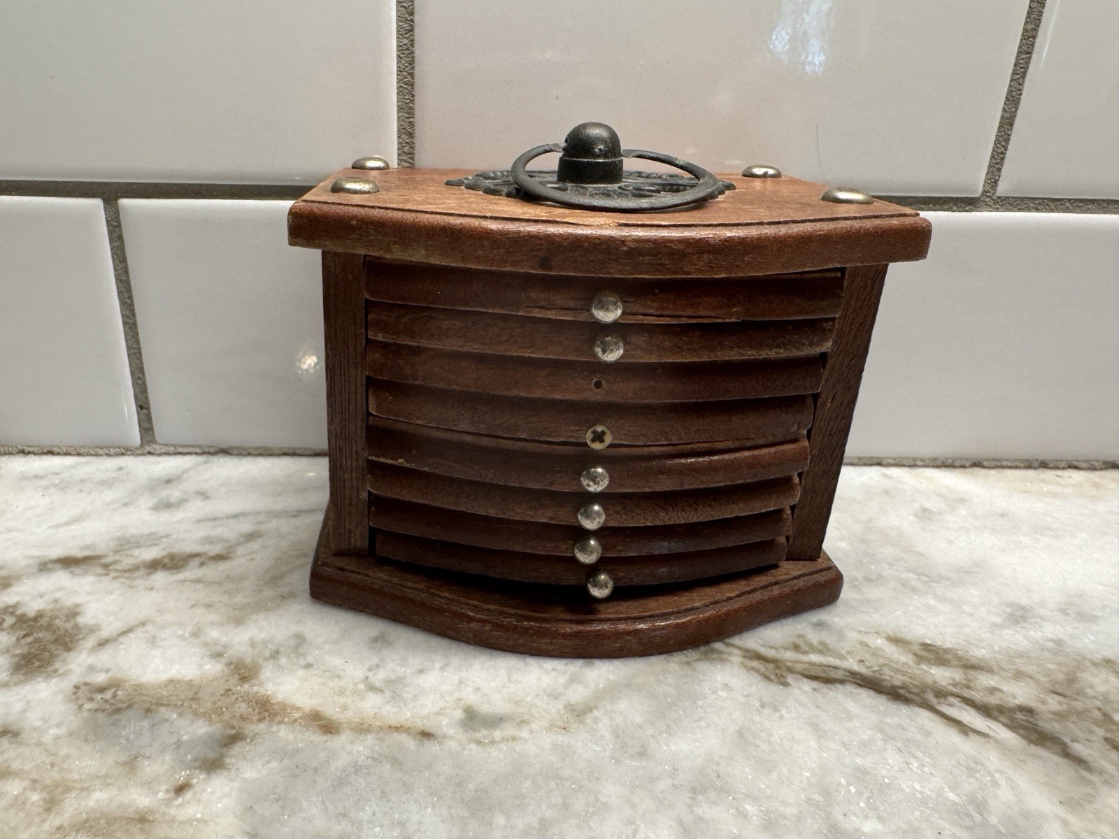 Vintage Set of 8 Wood & Cork Coasters w/ Wooden Box Holder