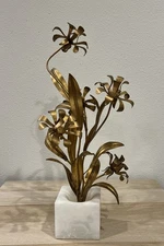 Hollywood Regency Brass Gold Flowers On Marble Stand Decorative Object Italy