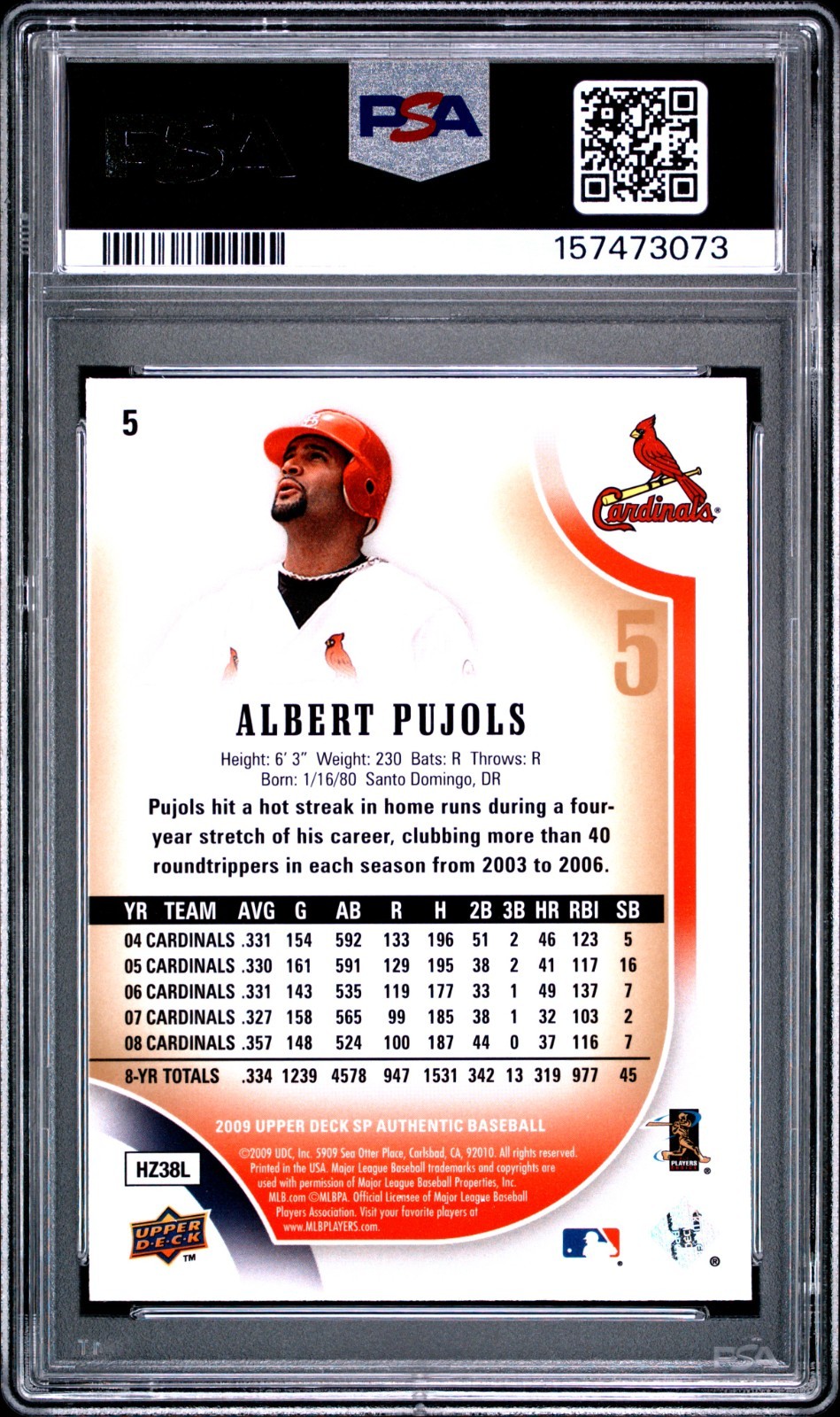 2009 SP Authentic Albert Pujols Silver /59 PSA 9 Mint #5 SP Pop 2 No 10s view 2