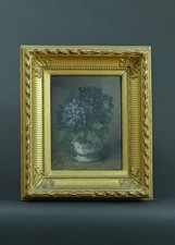 Tableau ancien bouquet de fleurs XIXe Nature morte Hortensias vase cadre bois Or