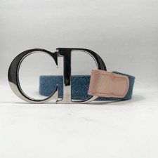 Christian Dior CD Logo Buckle Denim Canvas Belt Silver Blue Rare Authentic