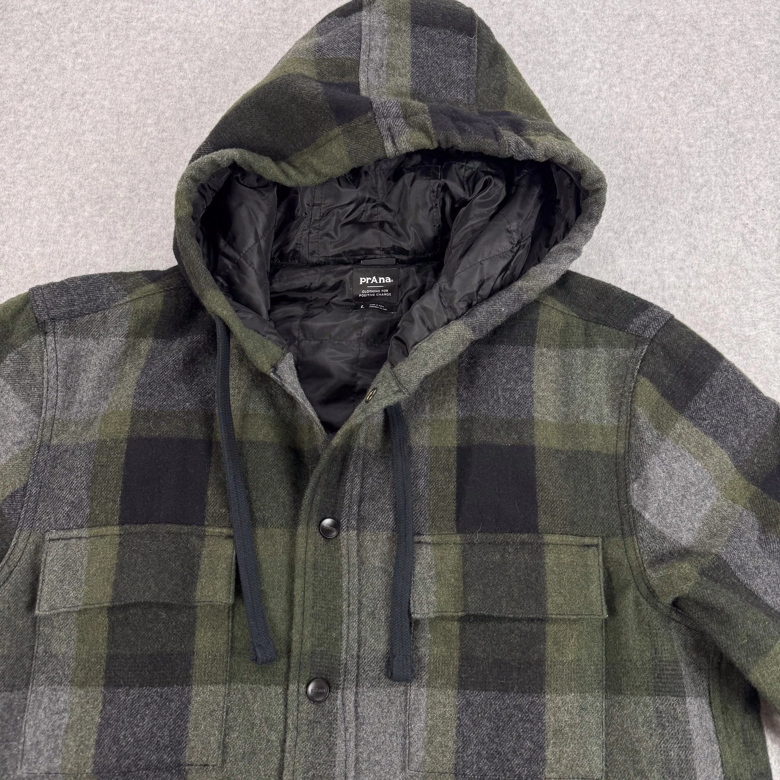 prAna Asgard Jacket Mens Large Green Black Wool Blend Plaid Hooded Shirt 196451 image 2