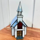 Vintage Stained Glass Church Chapel Lamp with Music Box Blue White Slag Glass