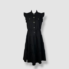 Tahari ASL Women's Black Collared Button-Snap Tiered A-Line Dress Size 12