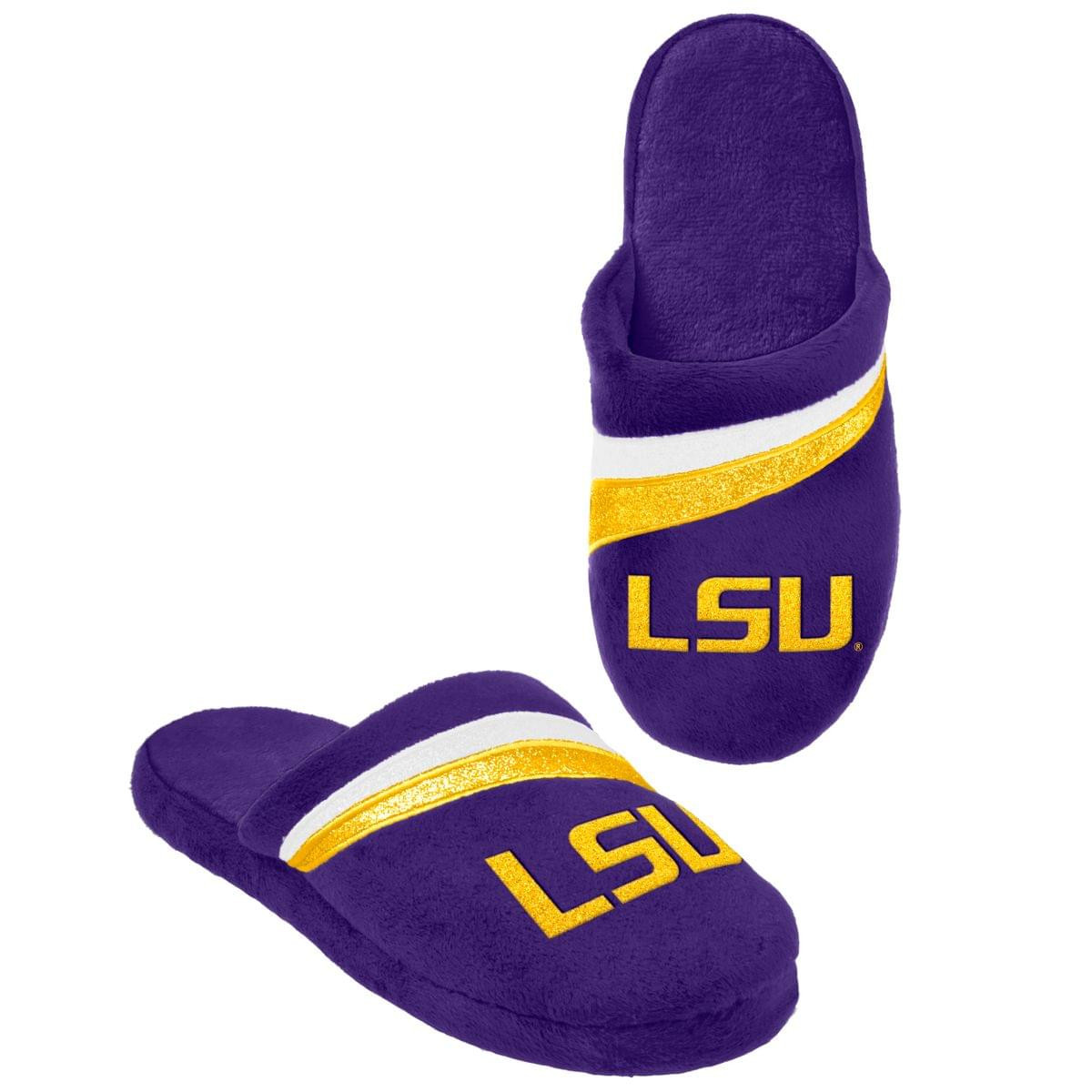 LSU Tigers NCAA Glitter Stripe Slide Slippers for Adults - X-Large Size