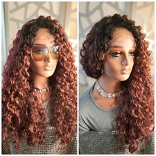 Curly Long Wig Ombre Red Auburn Wig Lace Front Balayage Highlights Cooper Auburn