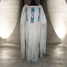 Handmade White Leather Fringe Dress: Beaded Native-Inspired Powwow Outfit