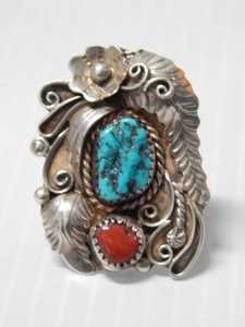 VINTAGE NAVAJO INDIAN MID CENTURY STERLING SILVER CORAL TURQUOISE RING SZ: 9 1/4