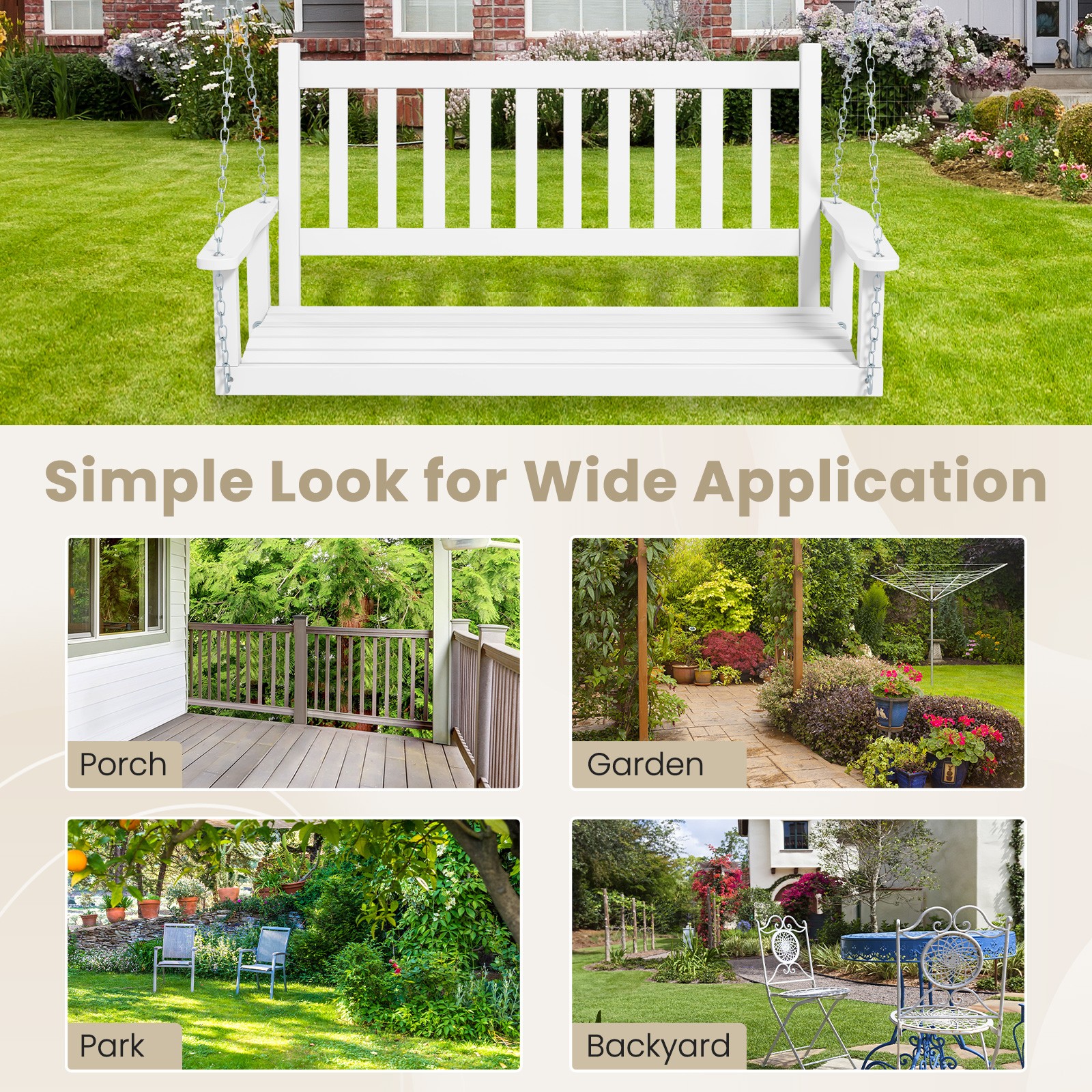 2-Person Wooden Outdoor Porch Swing Heavy Duty Patio Hanging Bench Chair