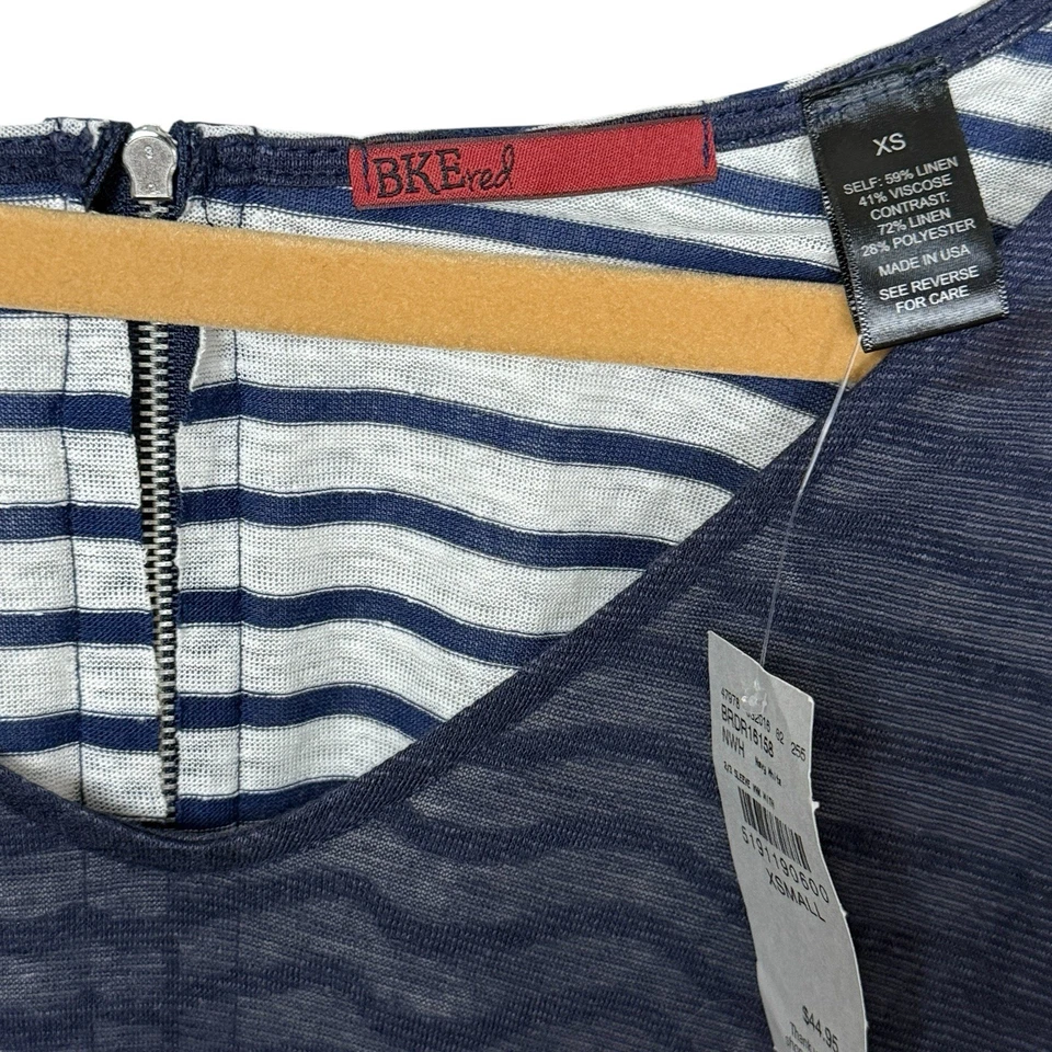 NUEVO CON ETIQUETAS BKE Camisa Top Mezcla de Lino Para Mujer XS Rayas Azul Marino Camisa Manga 3/4 Náutica Foto 2 de 4