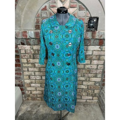 Shelton Stroller Dress fit and flare 1950s geometric aqua green double breasted