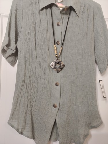 NWT VTG Joanna US Made Blouse Top Womens Green Button Up Crinkle Stretch Small - Picture 4 of 7