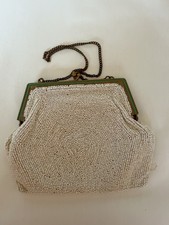 Antique Vintage Cream Beaded Evening Purse Green Enamel Frame Long Chain Mir