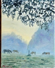 Daorong Oil Painting Horse ranch in the foggy morning 14x11 