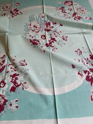 Lovely Vintage Aqua Rose Printed Tablecloth  ~ 46x54 ~ Wonderful Condition
