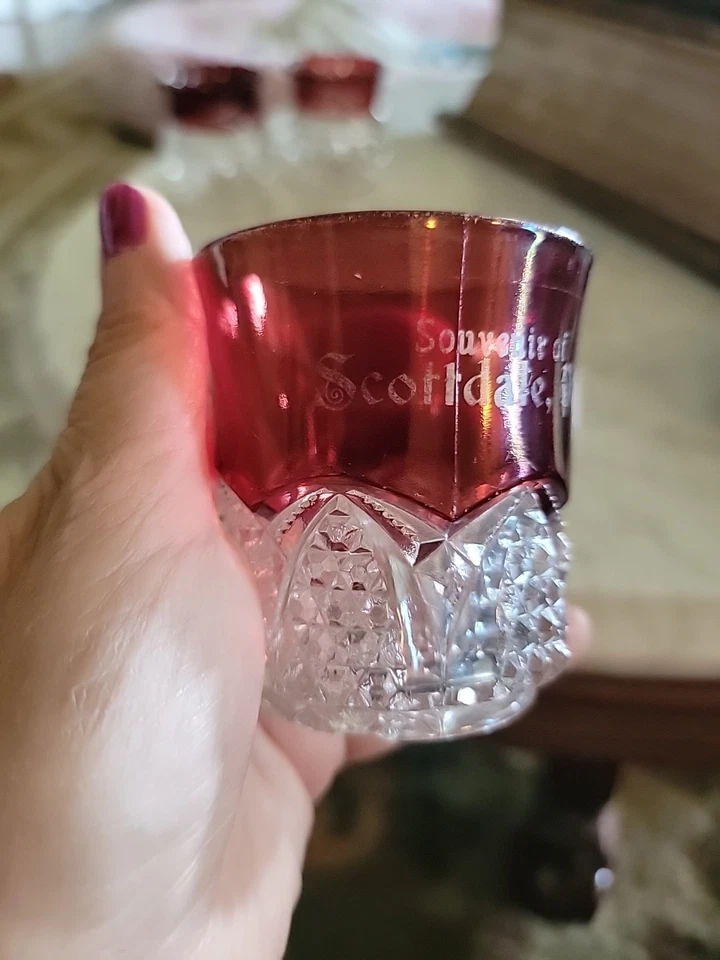 1906 Ruby Stain EAPG Pattern Glass Button Arches Personalized Scottdale PA Cup - Image 2 of 4