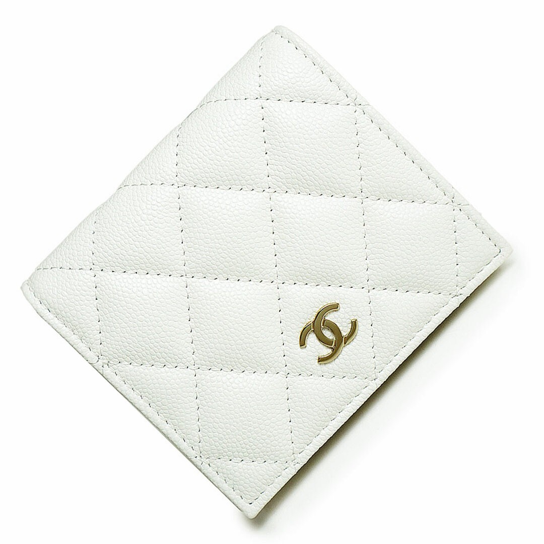 Chanel Matelasse Classic Small Bifold Wallet in White Caviar Leather with Gold Hardware