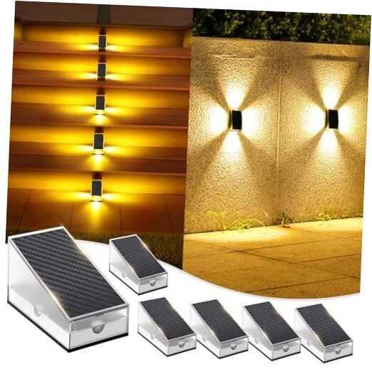 2-in-1 Solar Fence Lights & Step Lights for Outside Solar 6 Pack Warm White
