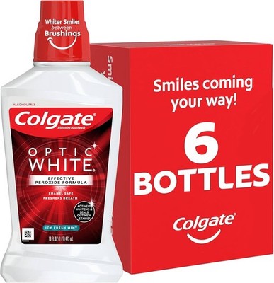 Colgate Optic White Alcohol Free Whitening Mouthwash Icy Fresh Mint, 16oz-6 Pack