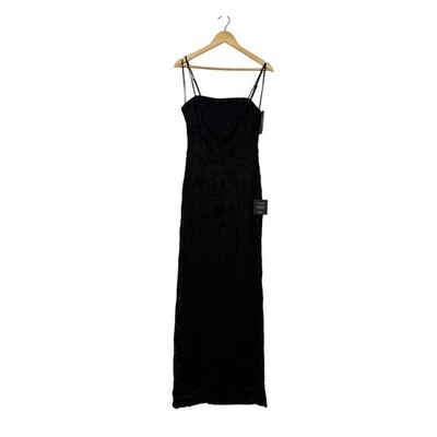 Lulus Joni Maxi Dress Women's Size Medium Black 3D Floral Applique Lace Slit NWT