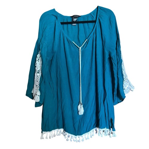 Tunique Brodée Violet Sky Bleu Et Blanc - Taille M, Style Boho - Occasion Parfaite