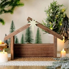  Christmas Wooden Nativity Manger Wood Nativity Scene with Roof Star 14.5 x 