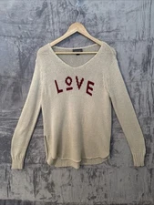 Wooden Ships Sweater Womens Size S Ivory Knit "Love" Lightweight Boho Preppy