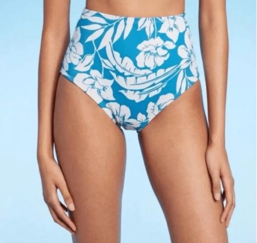 Shade & Shore High Waist Bikini Swim Bottom Blue White Floral Small