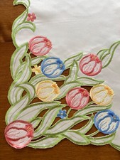 Embroidered Cut Work Table Topper Tablecloth Tulips