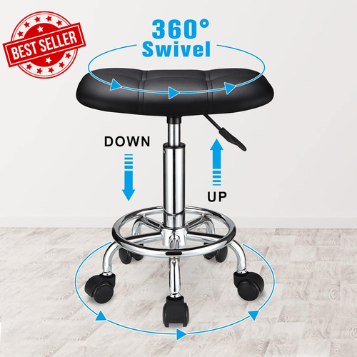 Square Rolling Stool with Wheels Height Adjustable Swivel Stools Black - Picture 6 of 12
