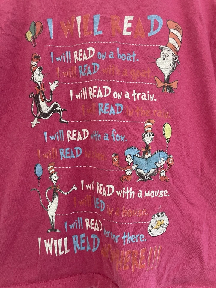 Fruit of the Loom Kids Girls Dr. Seuss Cat In The Hat Crew Neck T-Shirt Pink XS - Image 4 of 4