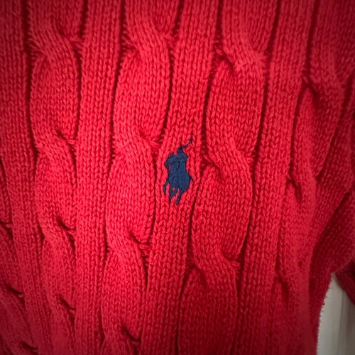 Polo Ralph Lauren Boys Cable Knit Crew Neck Fisherman Sweater Red Blue Logo Sz 7 - Picture 4 of 9